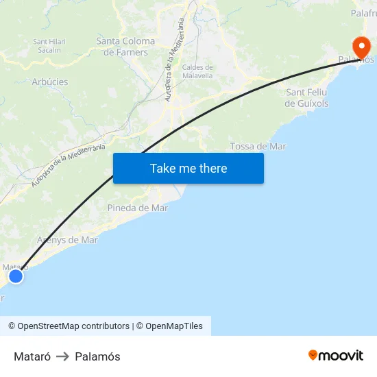 Mataró to Palamós map