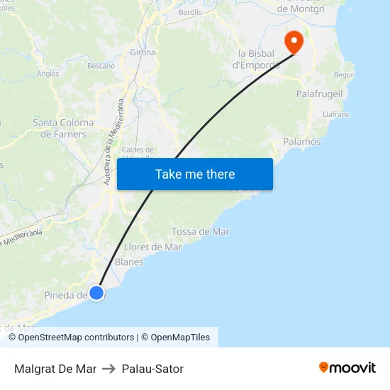 Malgrat De Mar to Palau-Sator map