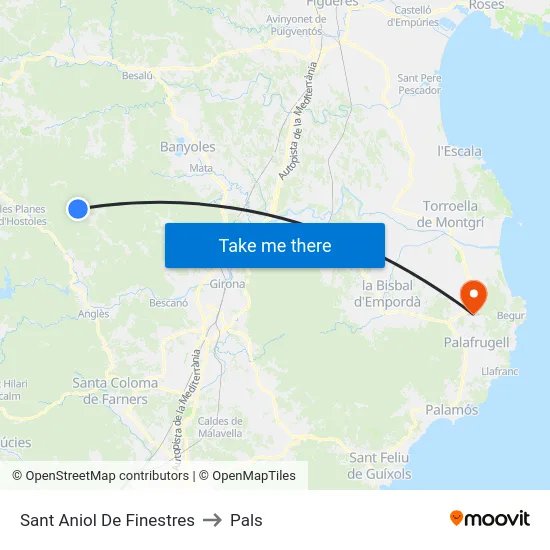 Sant Aniol De Finestres to Pals map