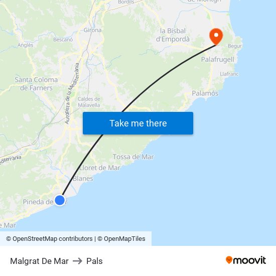 Malgrat De Mar to Pals map