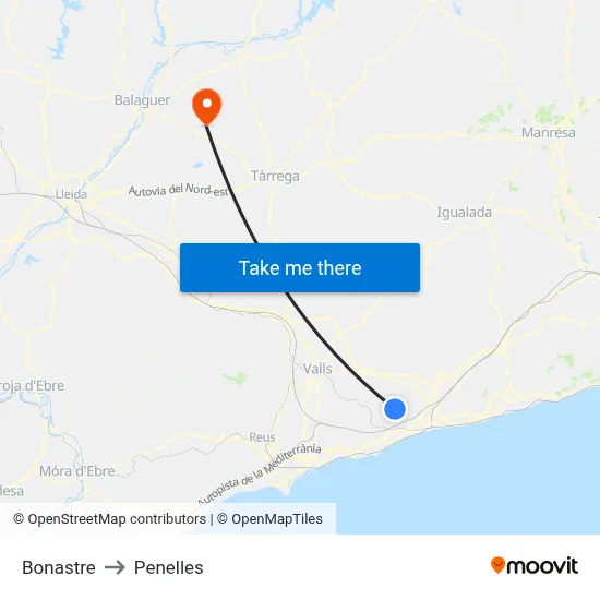 Bonastre to Penelles map
