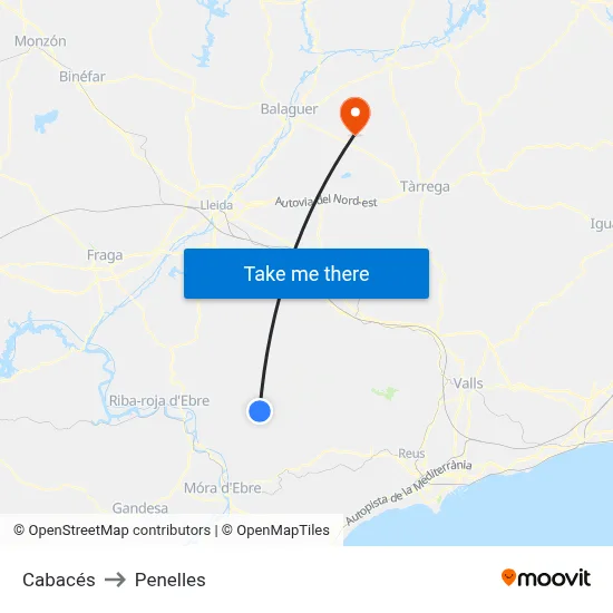 Cabacés to Penelles map