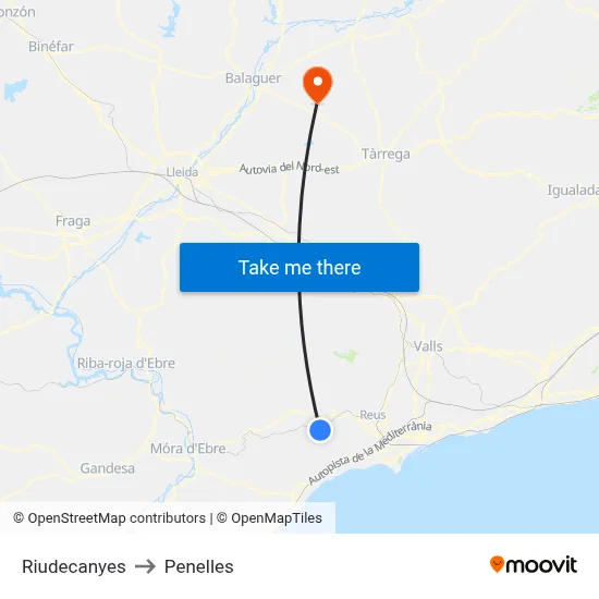 Riudecanyes to Penelles map