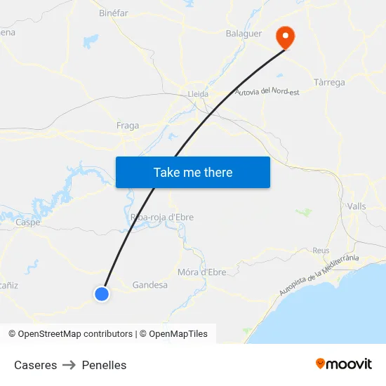 Caseres to Penelles map