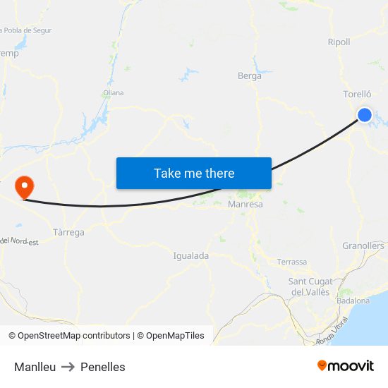 Manlleu to Penelles map