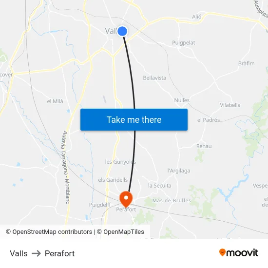 Valls to Perafort map