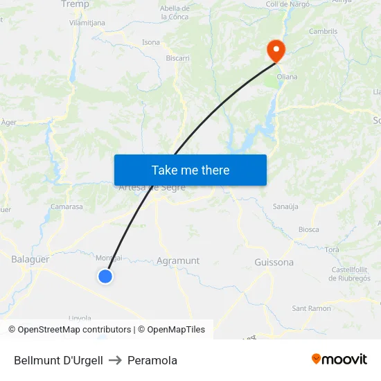 Bellmunt D'Urgell to Peramola map