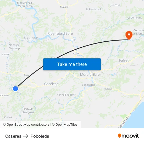 Caseres to Poboleda map