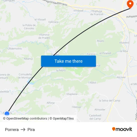 Porrera to Pira map