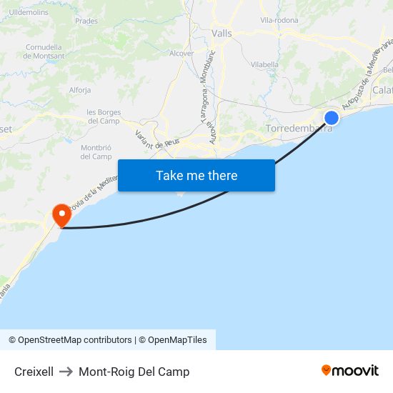 Creixell to Mont-Roig Del Camp map