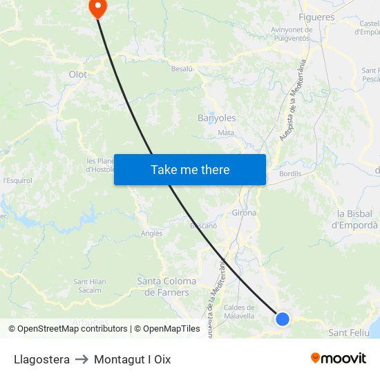 Llagostera to Montagut I Oix map