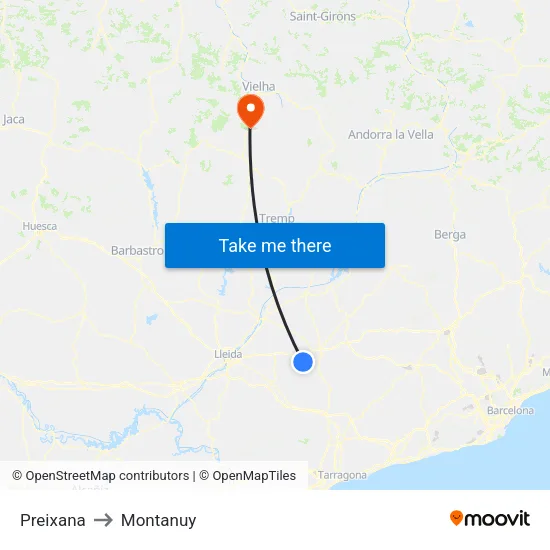 Preixana to Montanuy map