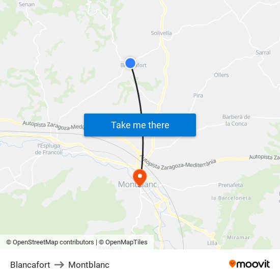 Blancafort to Montblanc map