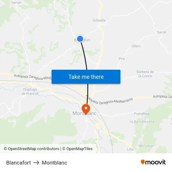 Blancafort to Montblanc map