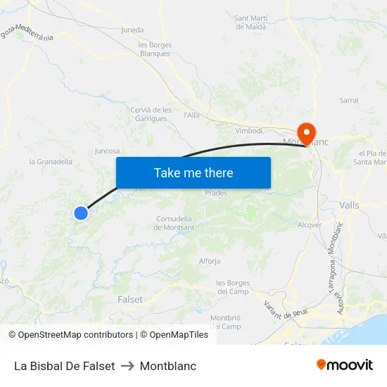 La Bisbal De Falset to Montblanc map