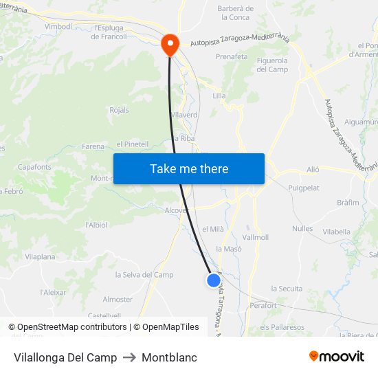 Vilallonga Del Camp to Montblanc map