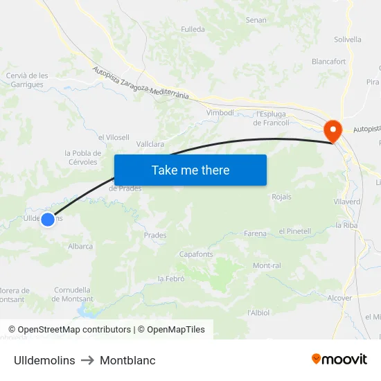 Ulldemolins to Montblanc map