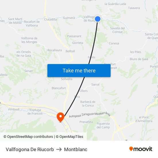 Vallfogona De Riucorb to Montblanc map