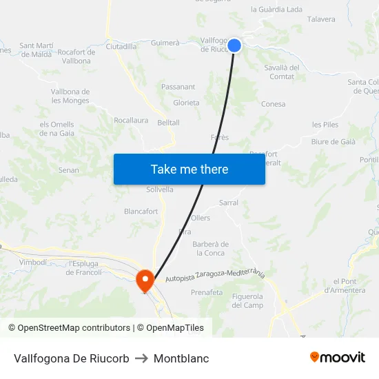 Vallfogona De Riucorb to Montblanc map