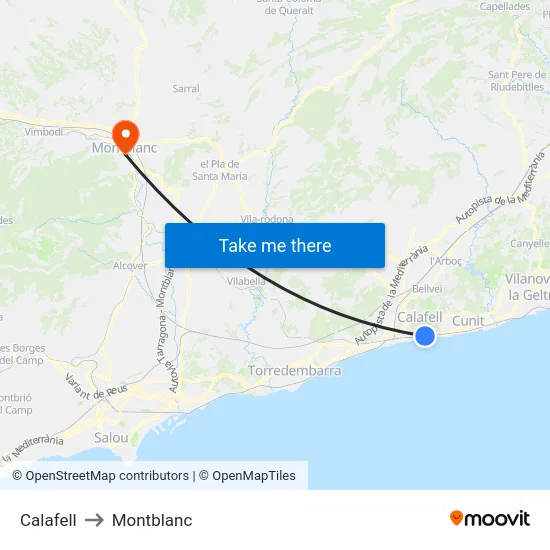 Calafell to Montblanc map