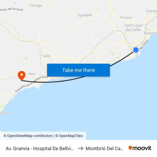 Av. Granvia - Hospital De Bellvitge to Montbrió Del Camp map