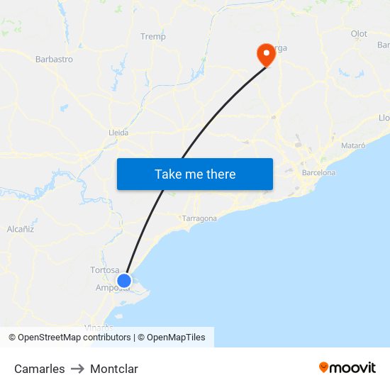 Camarles to Montclar map