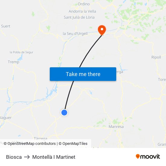 Biosca to Montellà I Martinet map