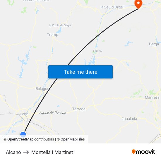 Alcanó to Montellà I Martinet map