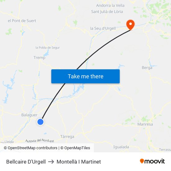 Bellcaire D'Urgell to Montellà I Martinet map