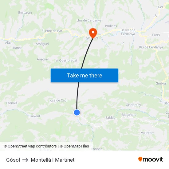 Gósol to Montellà I Martinet map