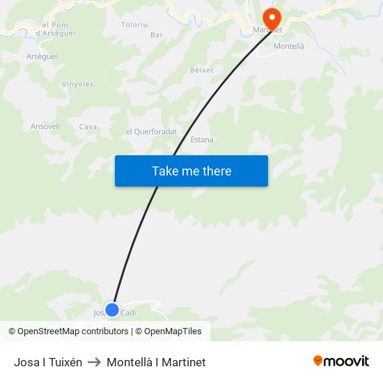 Josa I Tuixén to Montellà I Martinet map