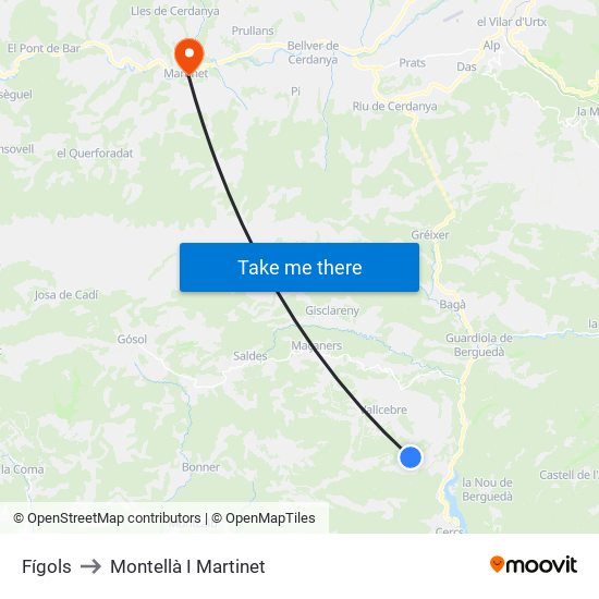 Fígols to Montellà I Martinet map