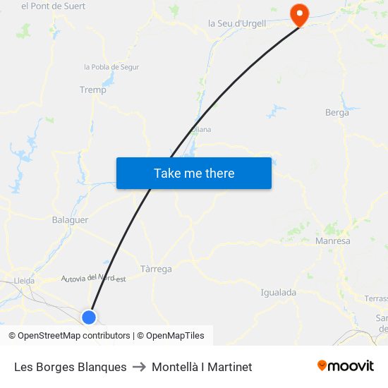 Les Borges Blanques to Montellà I Martinet map