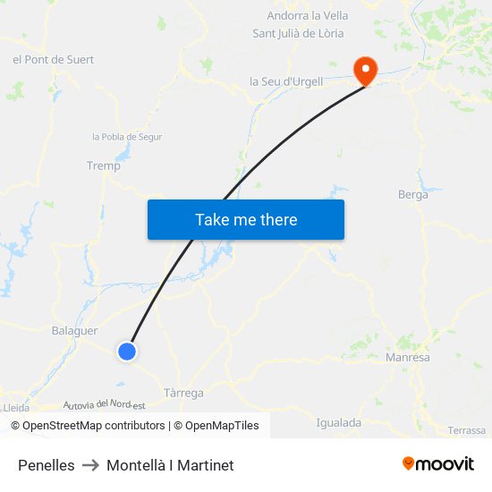 Penelles to Montellà I Martinet map