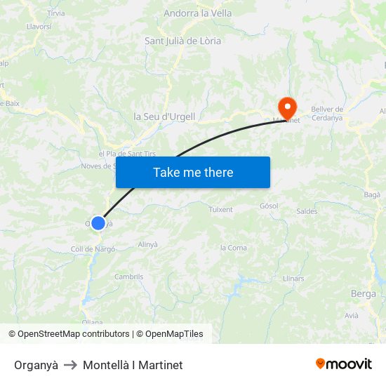 Organyà to Montellà I Martinet map