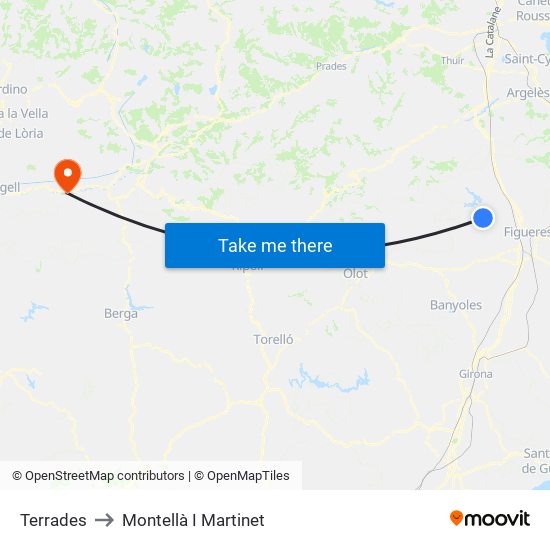 Terrades to Montellà I Martinet map