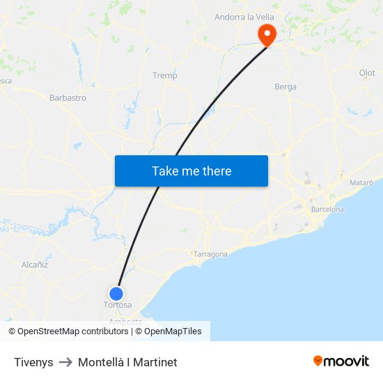 Tivenys to Montellà I Martinet map