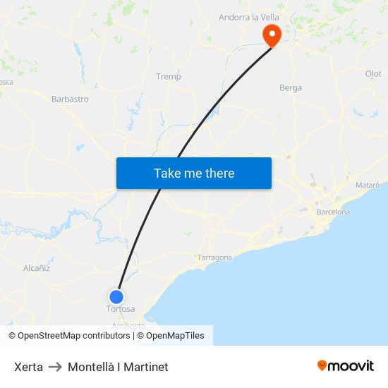 Xerta to Montellà I Martinet map