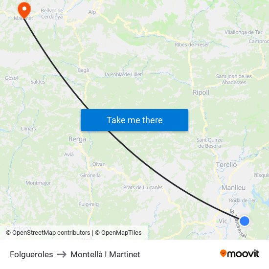 Folgueroles to Montellà I Martinet map