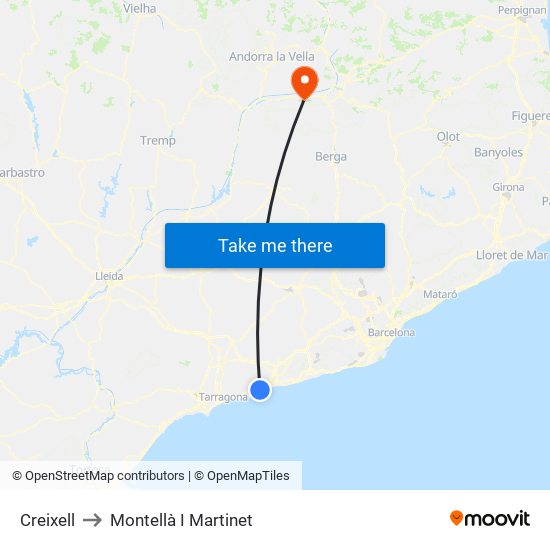 Creixell to Montellà I Martinet map