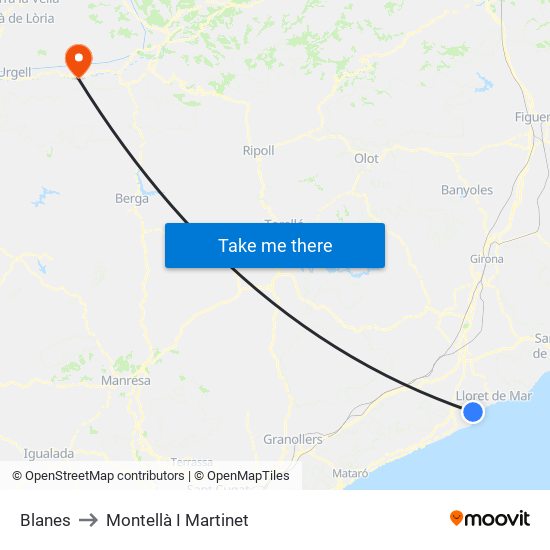 Blanes to Montellà I Martinet map