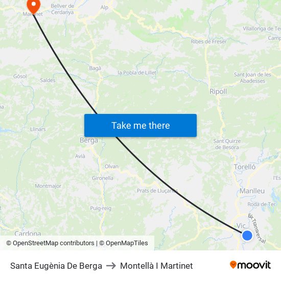 Santa Eugènia De Berga to Montellà I Martinet map