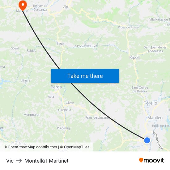 Vic to Montellà I Martinet map