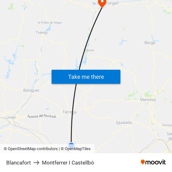 Blancafort to Montferrer I Castellbò map