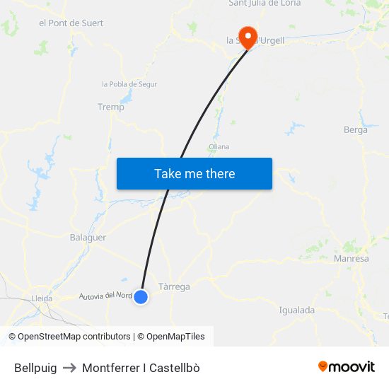 Bellpuig to Montferrer I Castellbò map