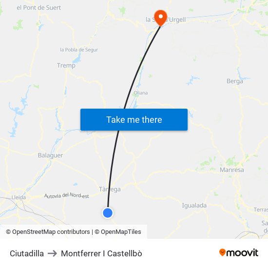Ciutadilla to Montferrer I Castellbò map