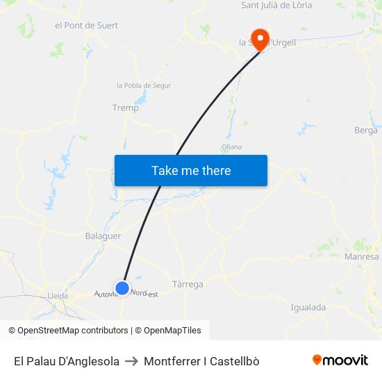 El Palau D'Anglesola to Montferrer I Castellbò map