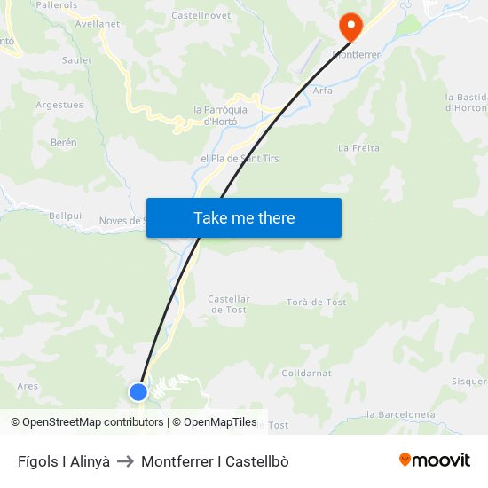 Fígols I Alinyà to Montferrer I Castellbò map