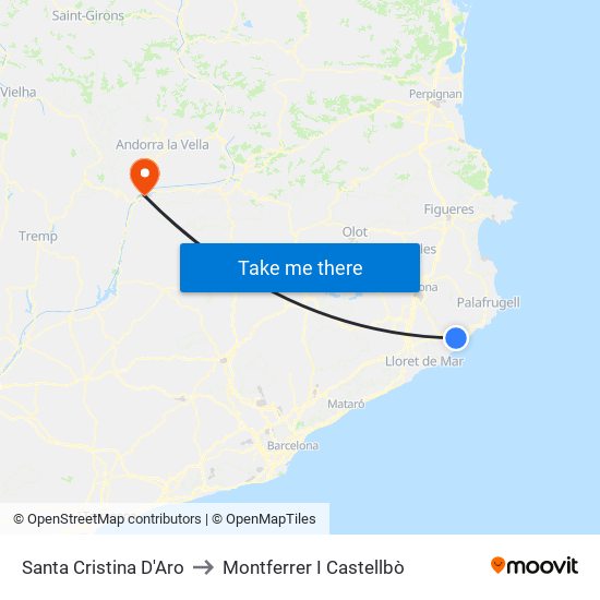 Santa Cristina D'Aro to Montferrer I Castellbò map