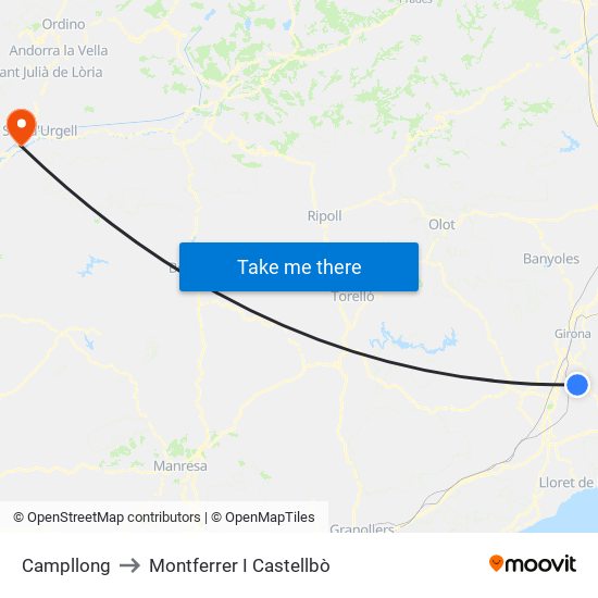 Campllong to Montferrer I Castellbò map